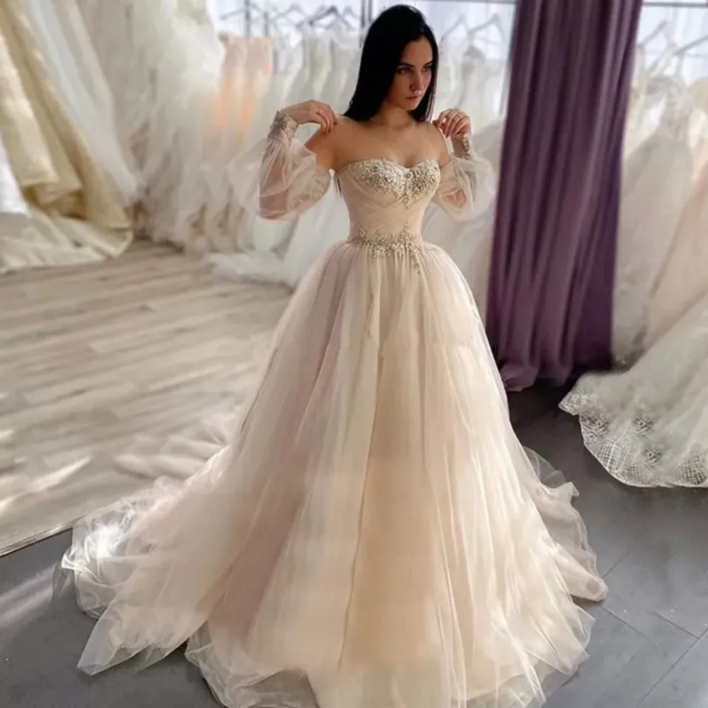 Boho Wedding Dress 2021 Sweetheart Appliques Lace A-Line Puffy Sleeves Princess Elegant Wedding Gown Bride Dresses Gowns