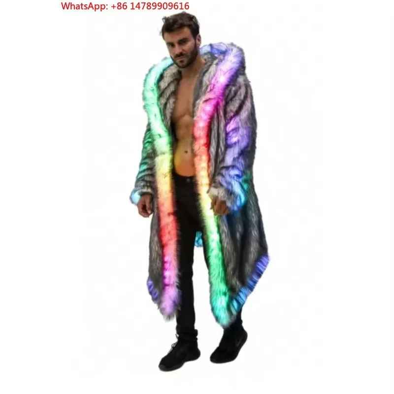 

New LED Faux Fur Coat for Men Hooded Comfortable Thickened Winter Coat Multi-Scene Personalized LED Stage Party Costume
