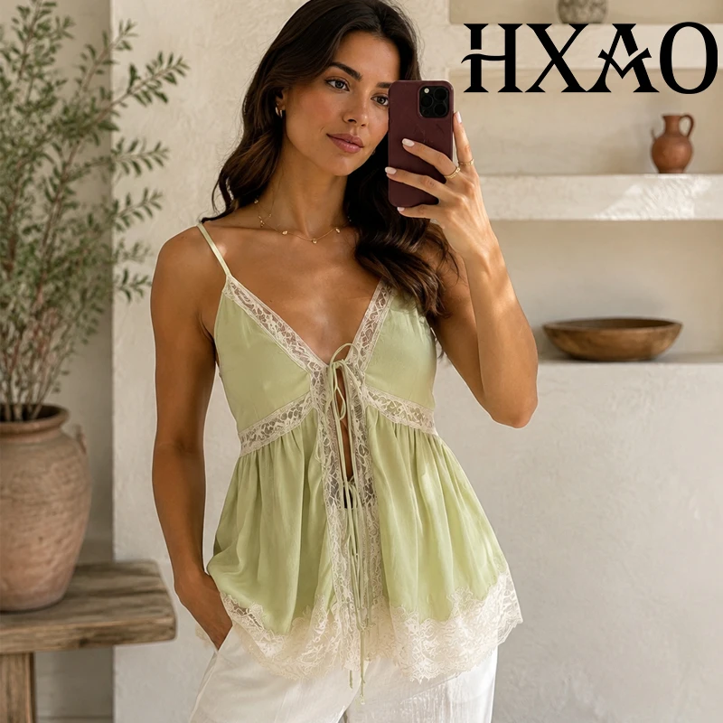 HXAO Slip Lace Top Women Ties Cut Out Green Crop Tops Summer Sleeveless Loose Corset Beach Top Sexy Backless Party Tank Top