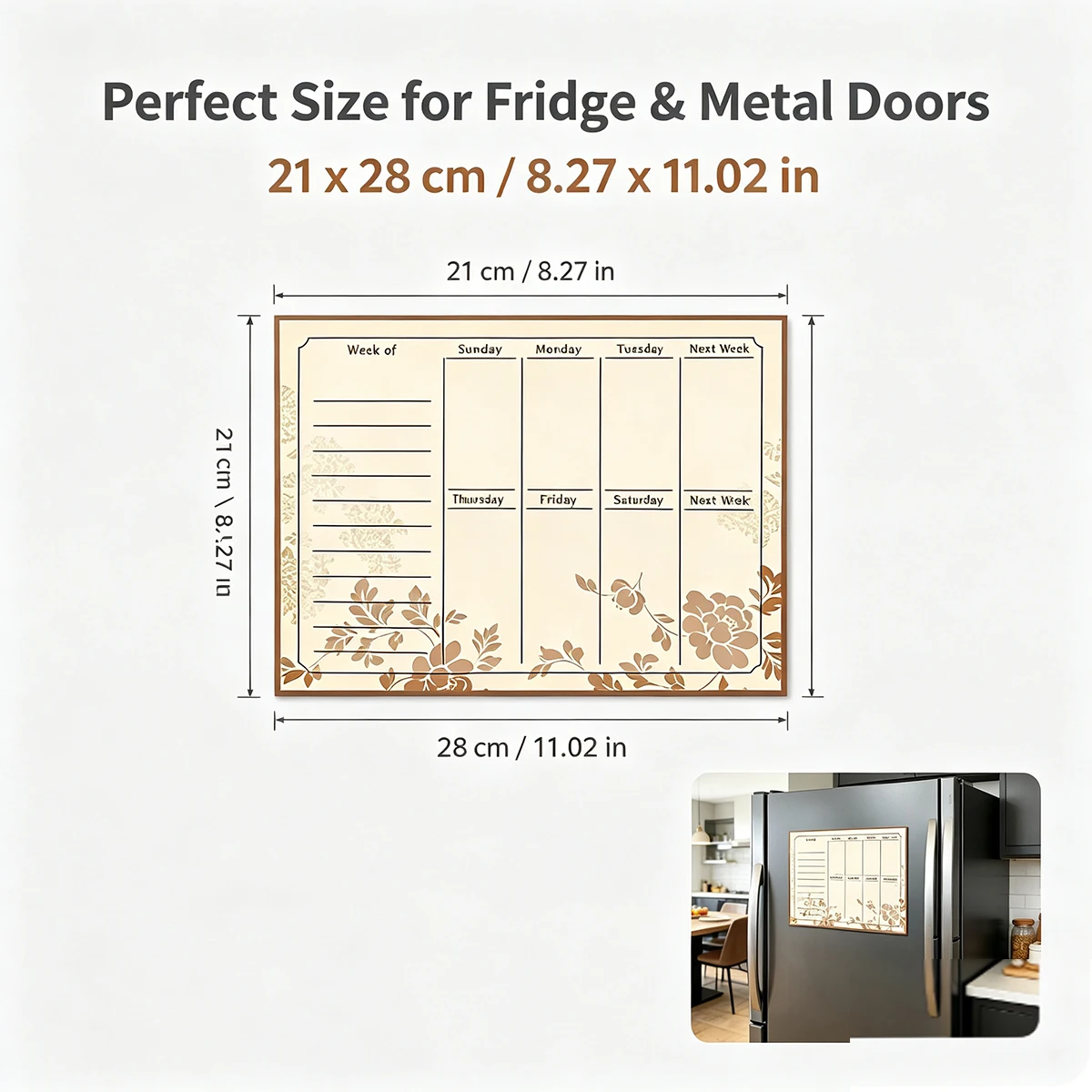 8.27 x 11.02 inch vintage floral refrigerator calendar, reusable dry wipe board for family schedules, memos, and task planning