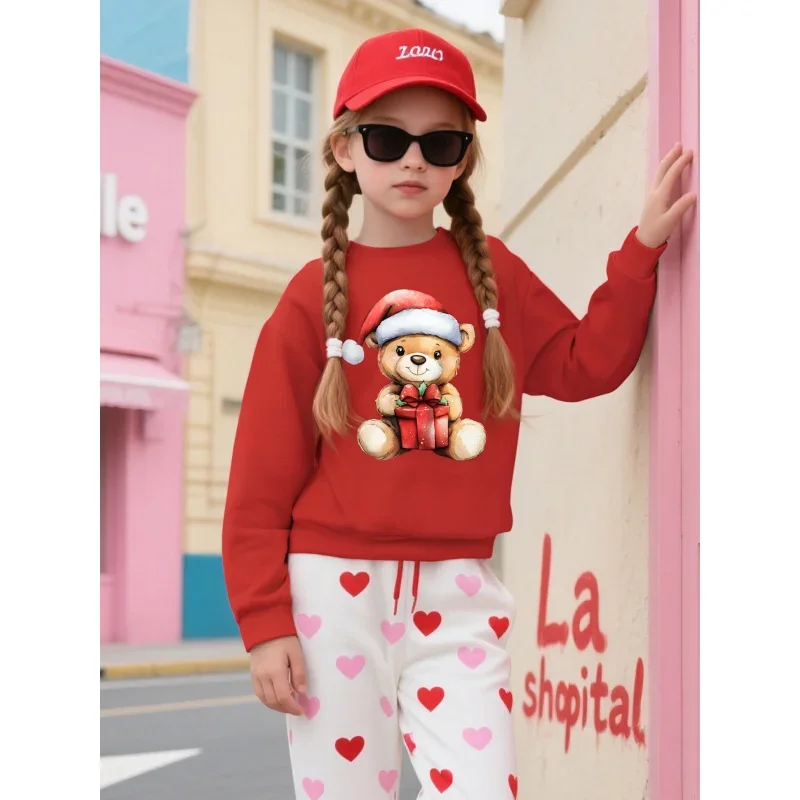 Red Cartoon Teddy Bear Sweatshirt Cute Casual Christmas Girls Outfit Kids Clothing