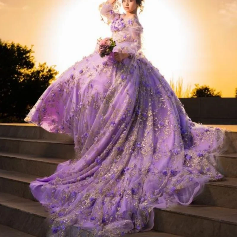 

Shiny Purple Quinceanera Dress Lace off-shoulder sequins decal Long tail 3D flower vestidos de 15 Quinceanera ﻿Customized