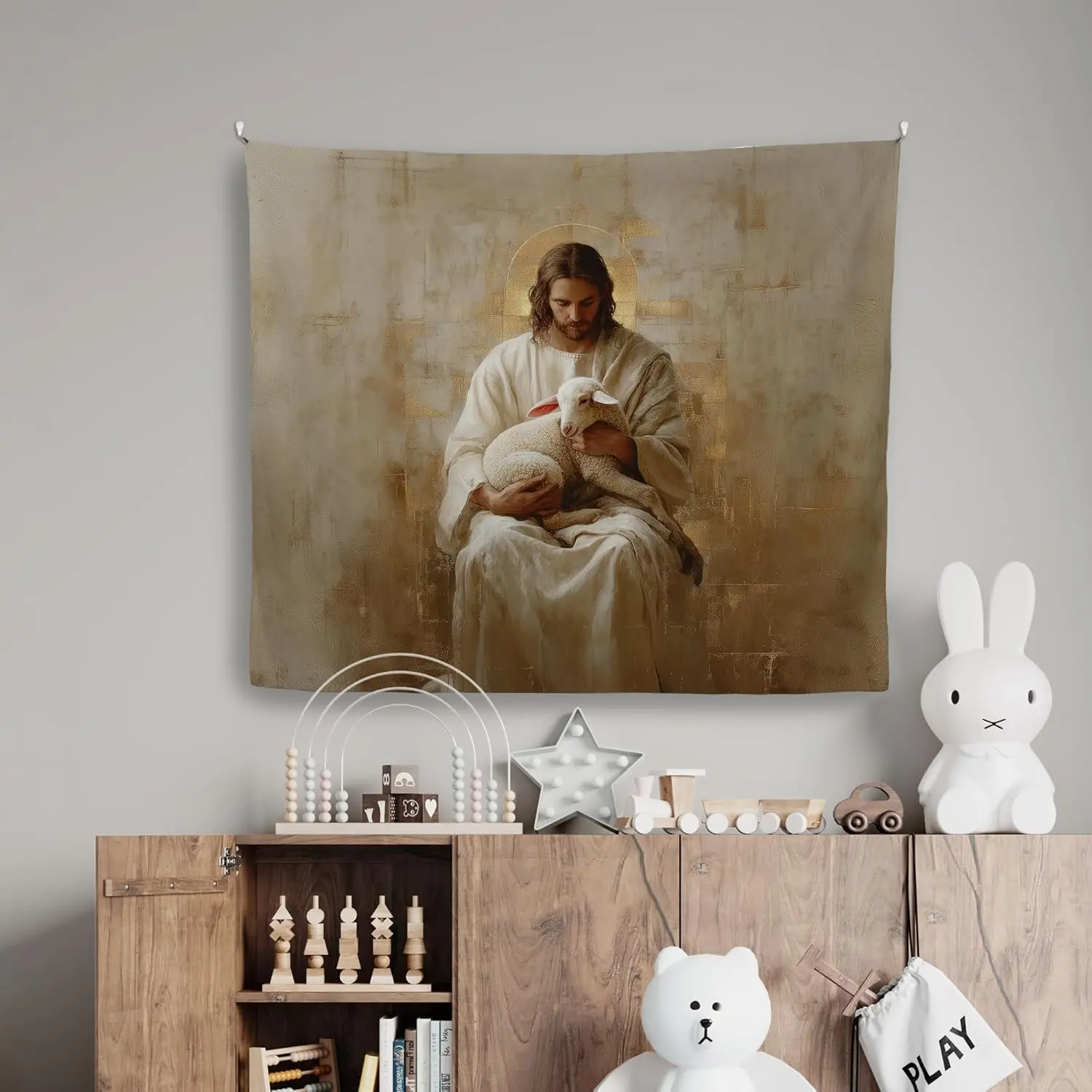 Jesus Good Shepherd and Lamb Religious Christian Art Tapestry Wall Hanging Polyester Home Decor Biblical Gift for Christ