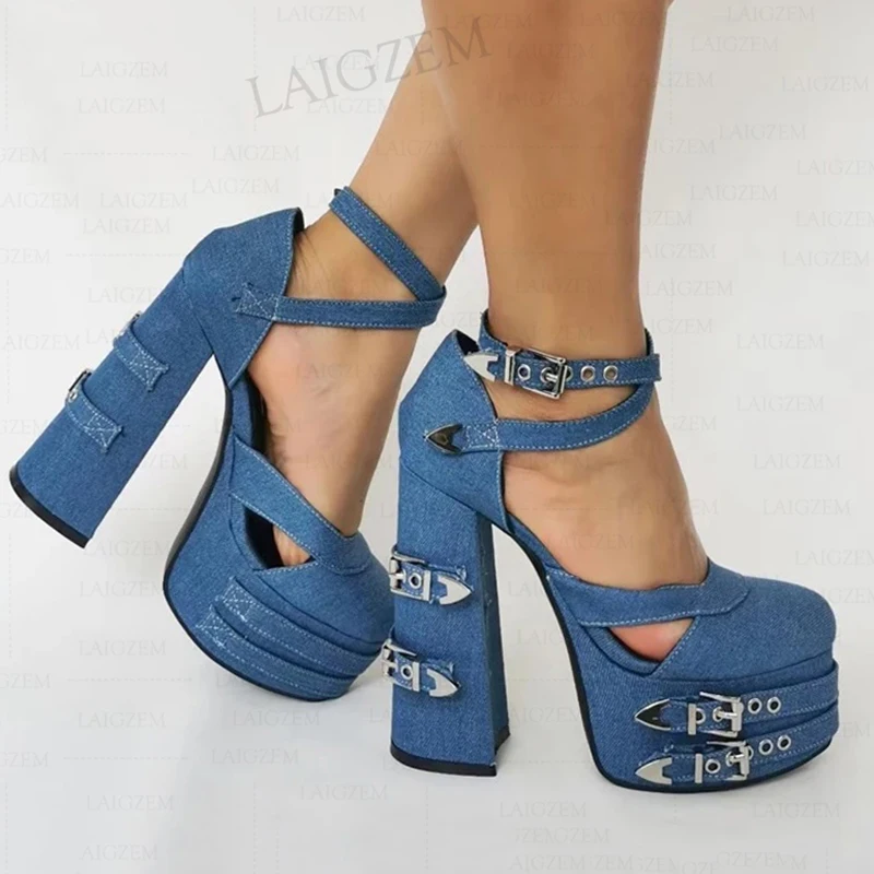 

SEIIHEM Women Platform Pumps Denim Cross Straps Chunky High Heels Sandals Height Increase Cosplay Shoes Woman Big Size 43 45 47