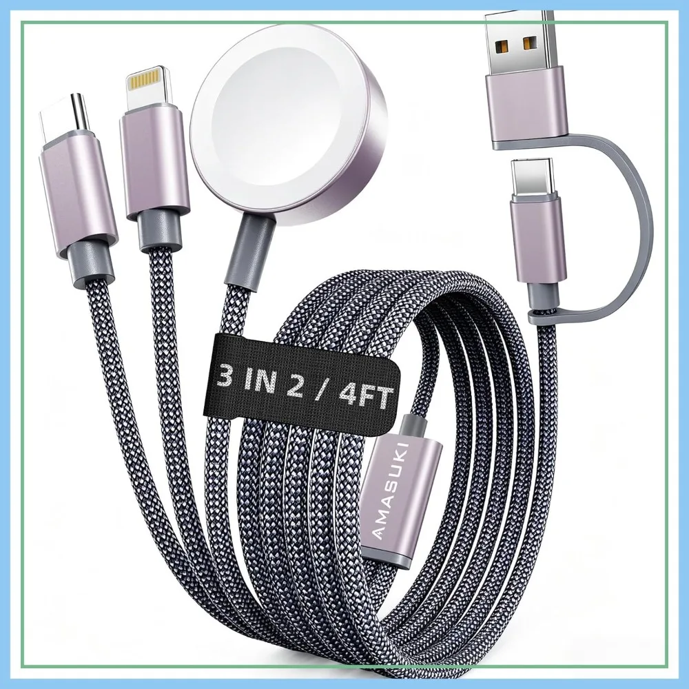 Esenciales de Viaje 2026: Base de Carga 3 en 2 para Apple Watch Series 11-2/Ultra, iPhone 17-12, Cable de Carga Múltiple para Auto