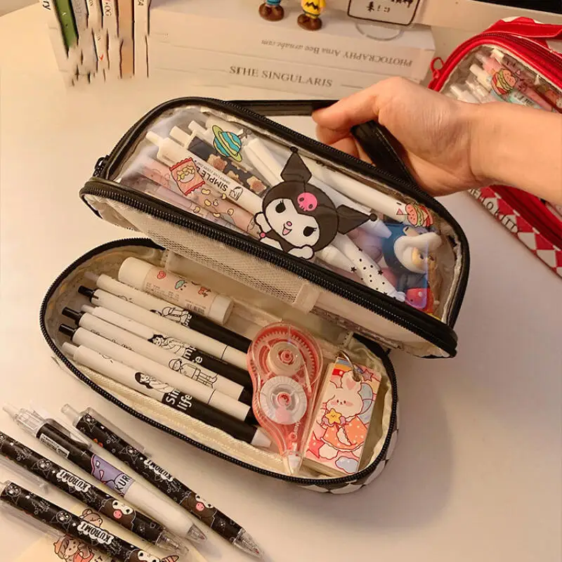 Sanrio Series Transparent Pencil Case Cartoon Hello Kitty Kuromi Storage Bag Large Capacity Double-layer Portable Pen Bags