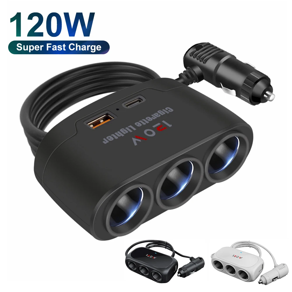 

120W Car Charger Adapter 3 Socket Cigarette Lighter Splitter Multifunctional Car Charge Independent Switches Cigarette Outlet