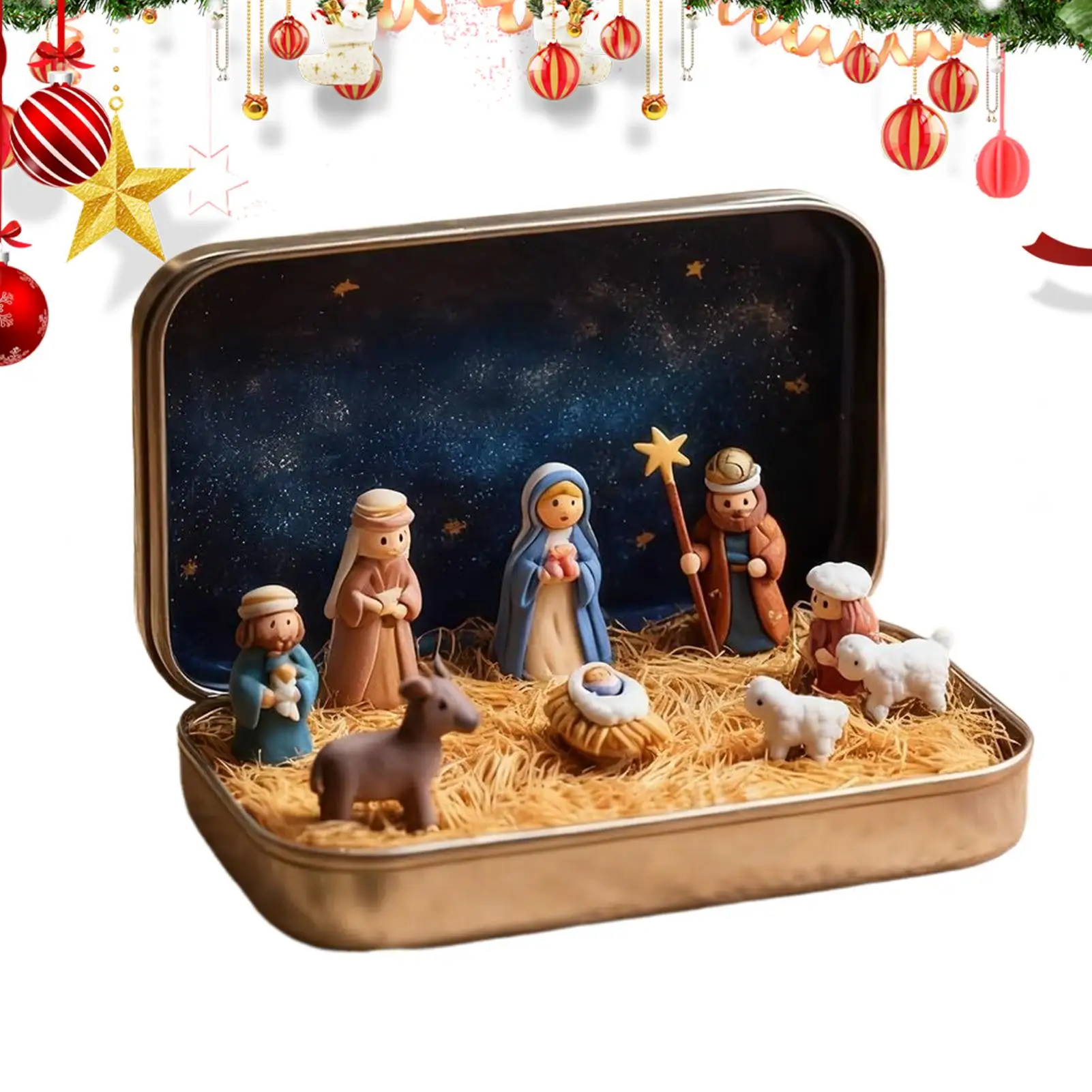 Tin Nativity Scene Portable Decorative Religious 3D Ornament Christmas Jesus Figurines In Tin Box For Desk Shelf Office Bedroom