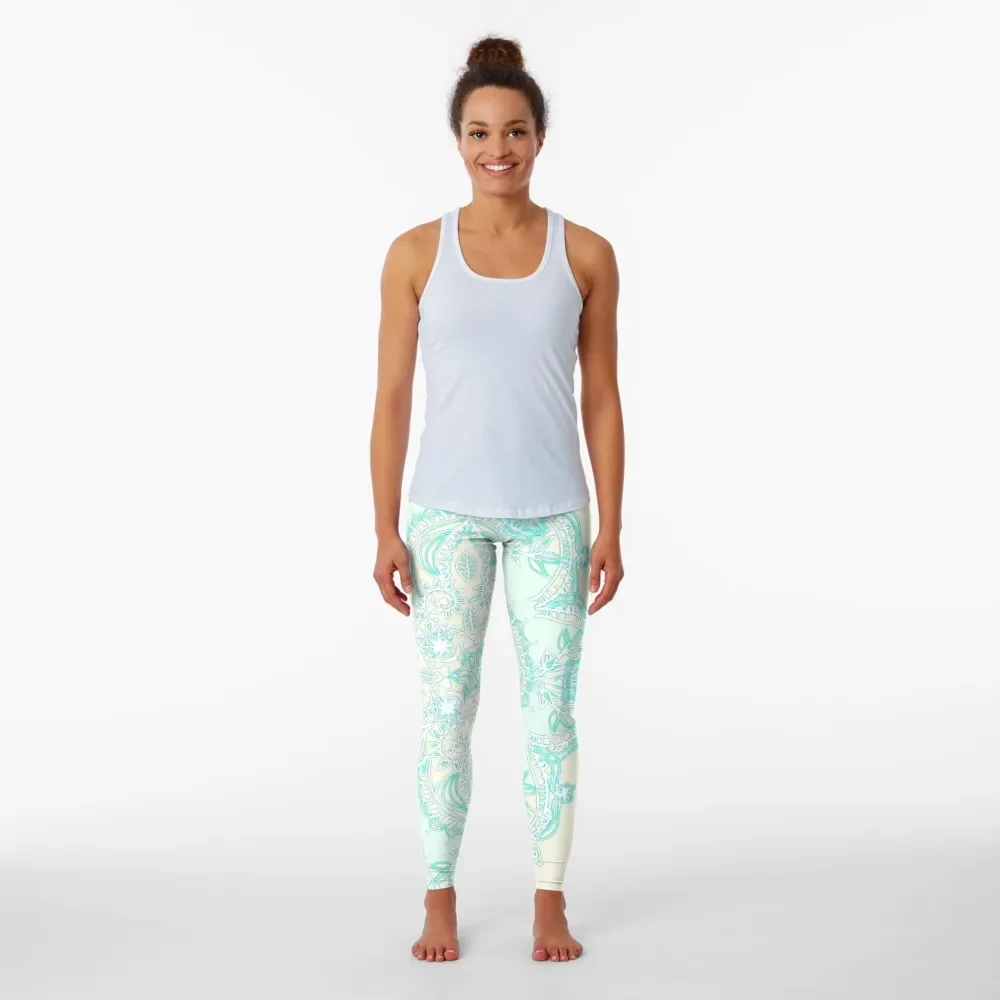 Aqua Lace Mandala on Cream - customer request Leggings gym clothing Legging sexy woman gym's sportswear Womens Leggings