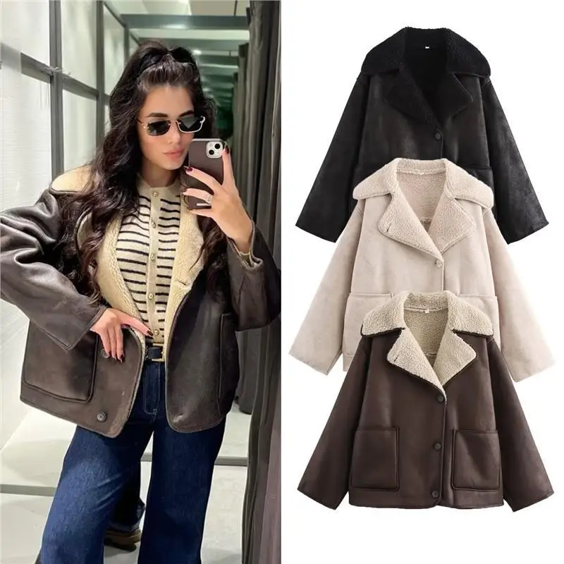 

Faionable Tri-Color Leather-and-Fur Long-Sve Jaet Collared Outerwear for Women Cross-Border Sle B88788 Mid-Length So...