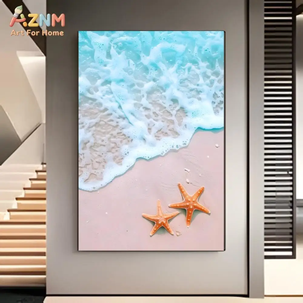 AZNM Light Blue Ocean Beach Starfish Sailboat Wave Underwater Scenery Canvas Print Minimalist Coastal Wall Art Unframed Canvas P