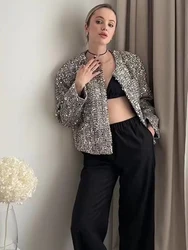 Women Chic Silver Sequin Embellished Short Jacket Casual Round Neck Long Sleeved Pockets Cardigan Autumn Lady Elegant Coats