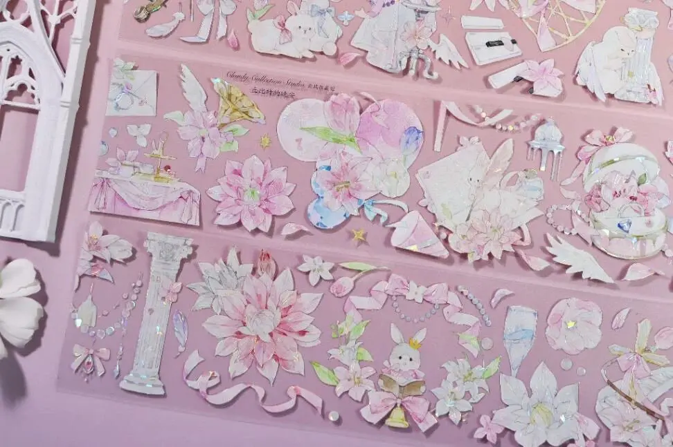 

Лента Washi PET с рисунком «Ночь Купидона: Блестящие облака» и «Розовый кролик с цветами», для дневников и открыток, 3.11