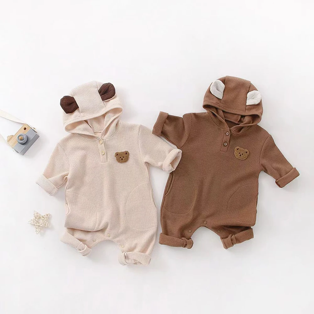 MILANCEL Autumn Baby Waffle Rompers 0-2Y Infant Girls Cute Bear Hooded Jumpsuit Boys Casual Onesie Toddler Long Sleeve Clothes