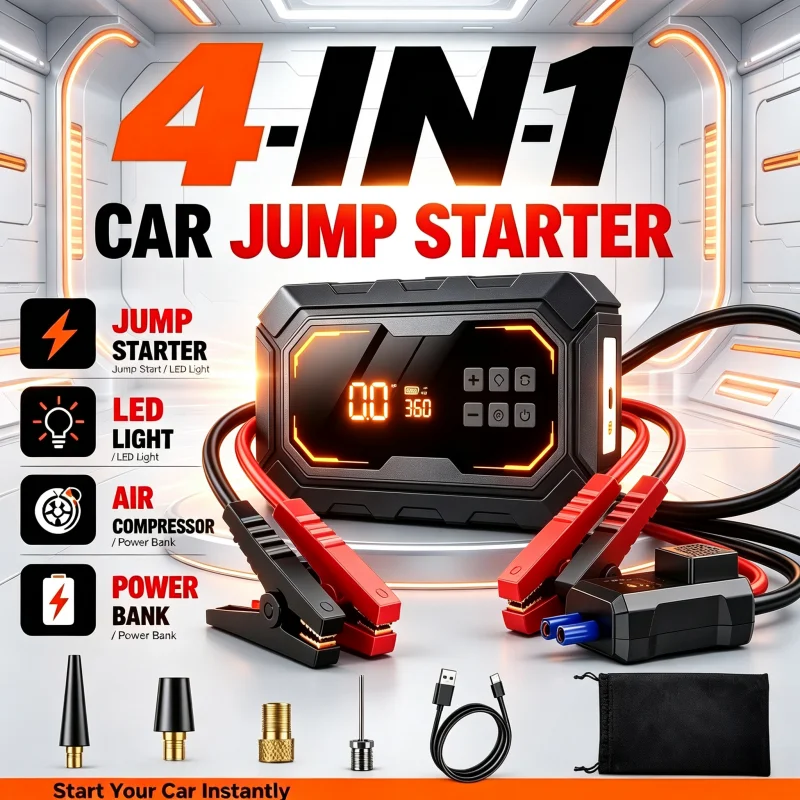 4 In 1 Car Jump Starter With Air Compressor 150PSI Tire Inflator 12V Portable Power Bank LED SOS For Car SUV Truck Motorcycle
