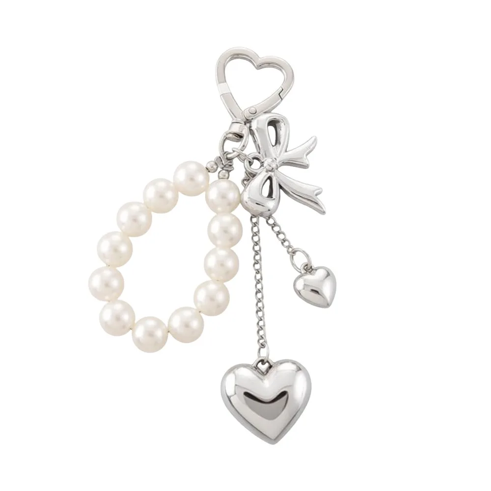 Trendy Heart Bow Silver Pearls DIY Camera Chain Backpack Hanging Decoration