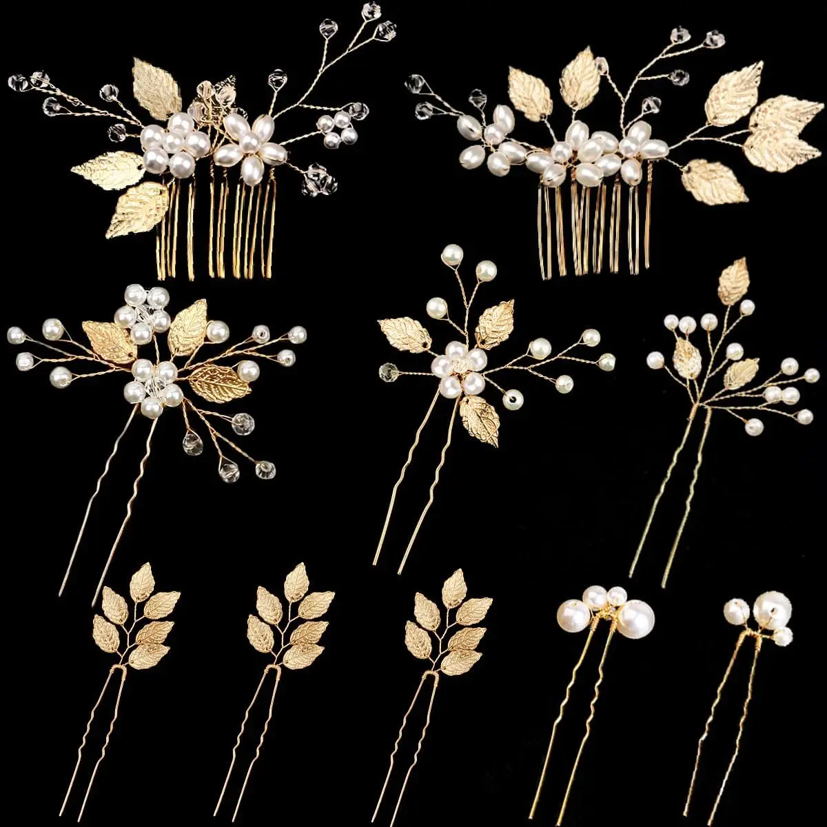 

10Pcs Gold Leaf Bridal Hair Pins Wedding Headpiece with Pearl Rhinestone for Bride Bridesmaids