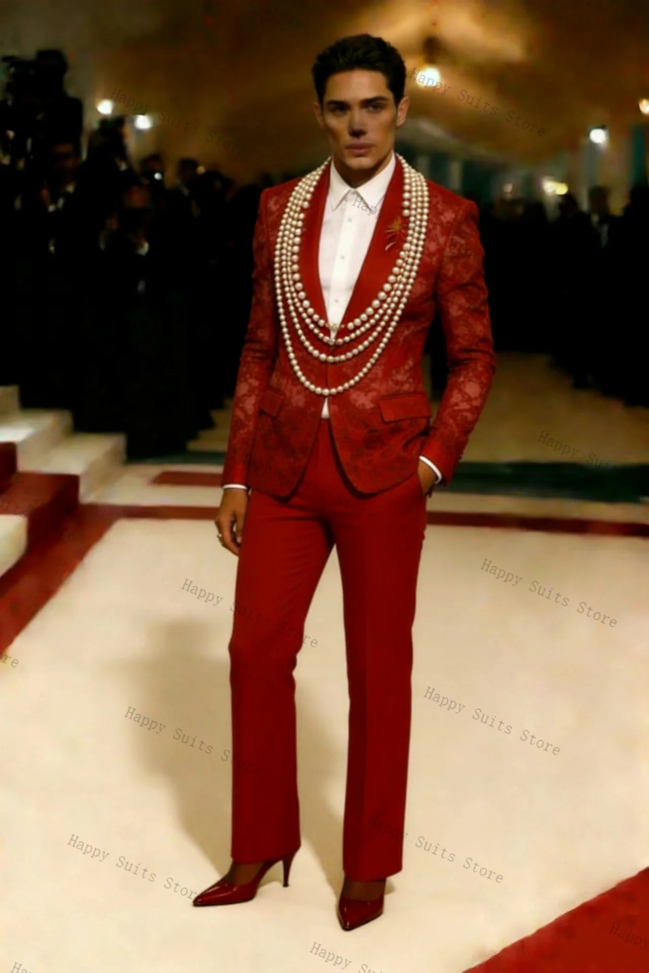 

Pearls Red Men Suit Set 2 Pcs Groom Blazer+Pants Trousers Luxury Formal Office Coat Wedding Tuxedo Customized Jacket Outfit
