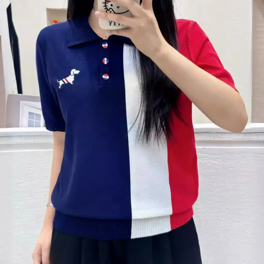 Summer new polo lapel puppy embroidery red, white, and blue color matching short sleeved ice silk knitted T-shirt top for women