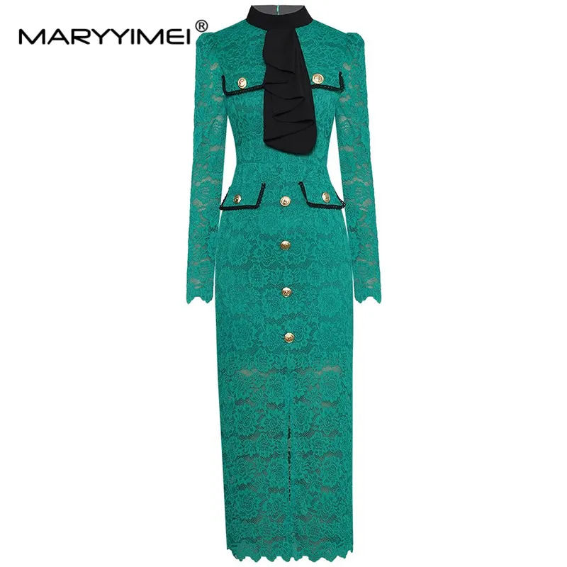 

MARYYIMEI Fashion Women's Autumn dress Standing collar ruffles Long sleeved Single breasted Slim Package hip Lace Dresses