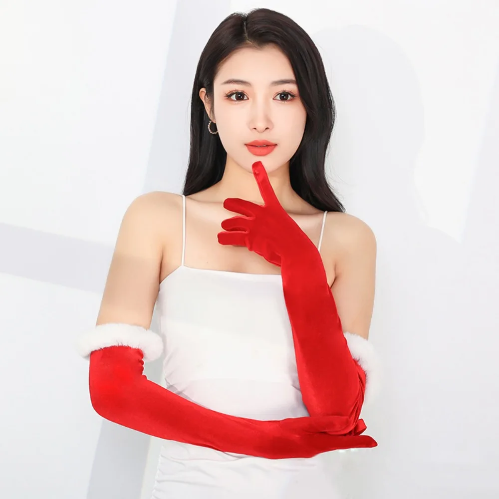 Red/Black Plush Christmas Gloves Cosplay Retro Velvet Long Gloves Elegant Stage Performance Etiquette Mittens Autumn