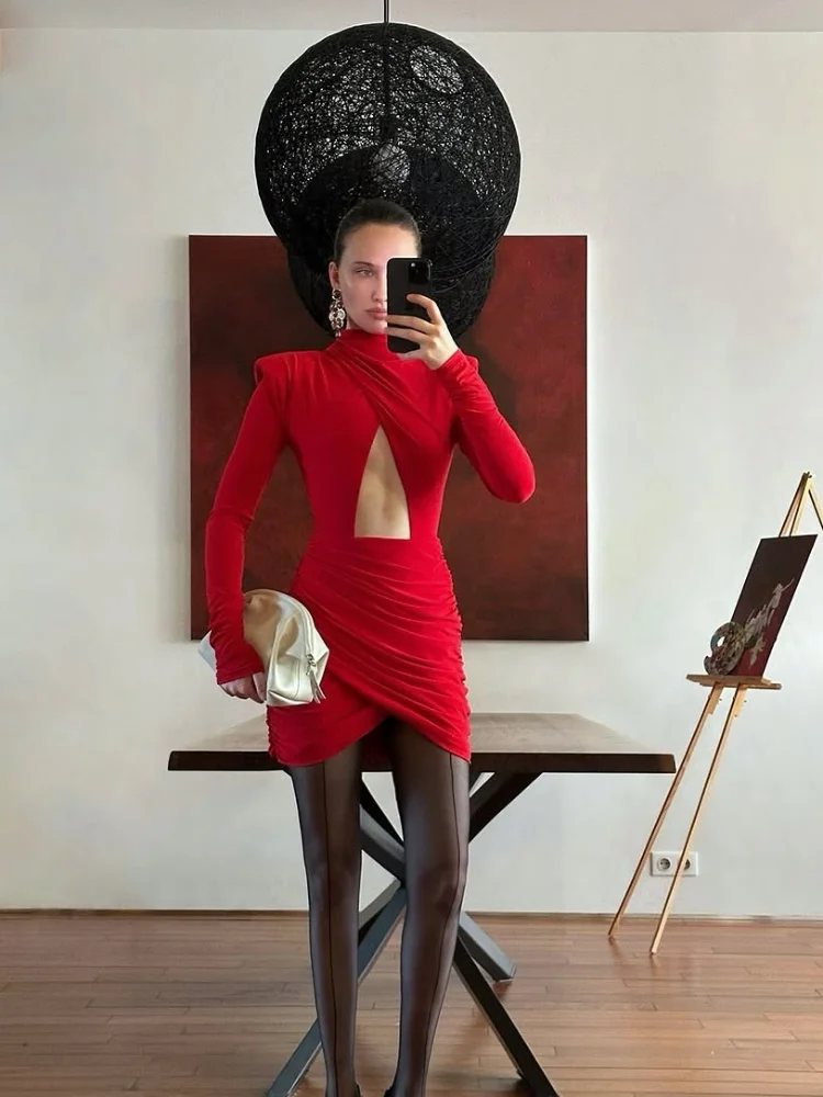 

2025 Sexy Hollow Out Pleated Mini Dress Women Slim Long Sleeve Half High Collar Solid Color Fashion Party Club Outfit