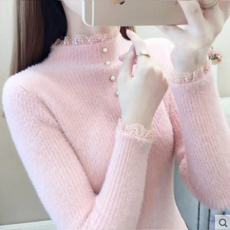 Women Clothing Elegant Fashion Half High Collar Long Sleeve Sweaters Autumn Winter Chic Fluff Solid Knit Pullovers Lace Edge Top