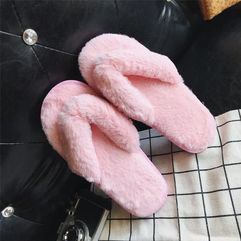 Cross Warm Fluffy Furry Slippers Women Lightweight Flat Heels Fur Slides Woman Autumn Winter Open Toe Non Slip Home Floor Shoes view 6