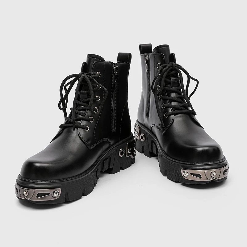 New Men Short Boots with Height Increasing Double Buckle Decoration Metal Anti Kick Punk Fashion Workwear Boots