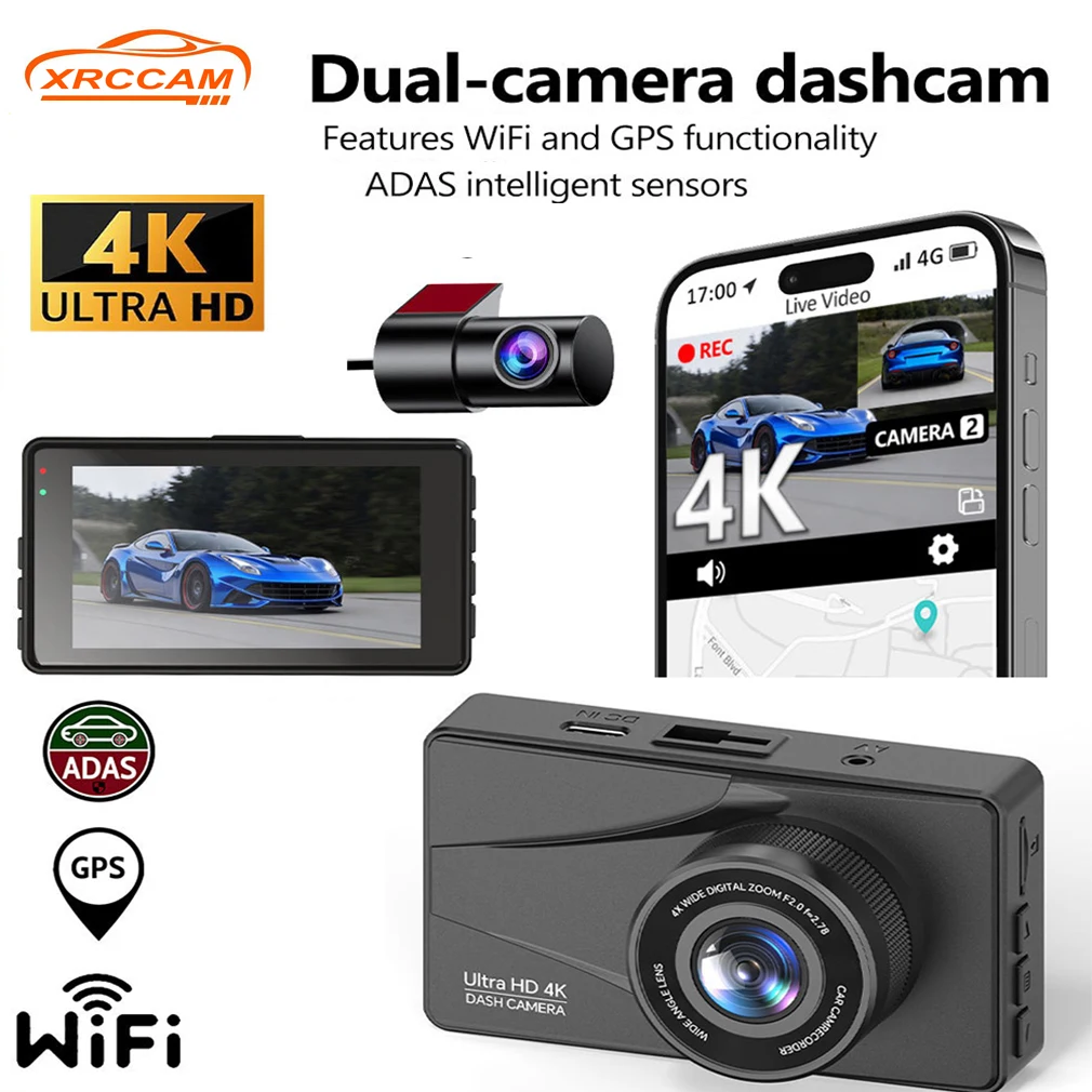 Dual Lens 4K Wifi Dash Cam For Cars, UHD 4K+2.5K Front And Rear Camera , Build-in Wifi WIth GPS ADAS  ,3 Inch IPS Display