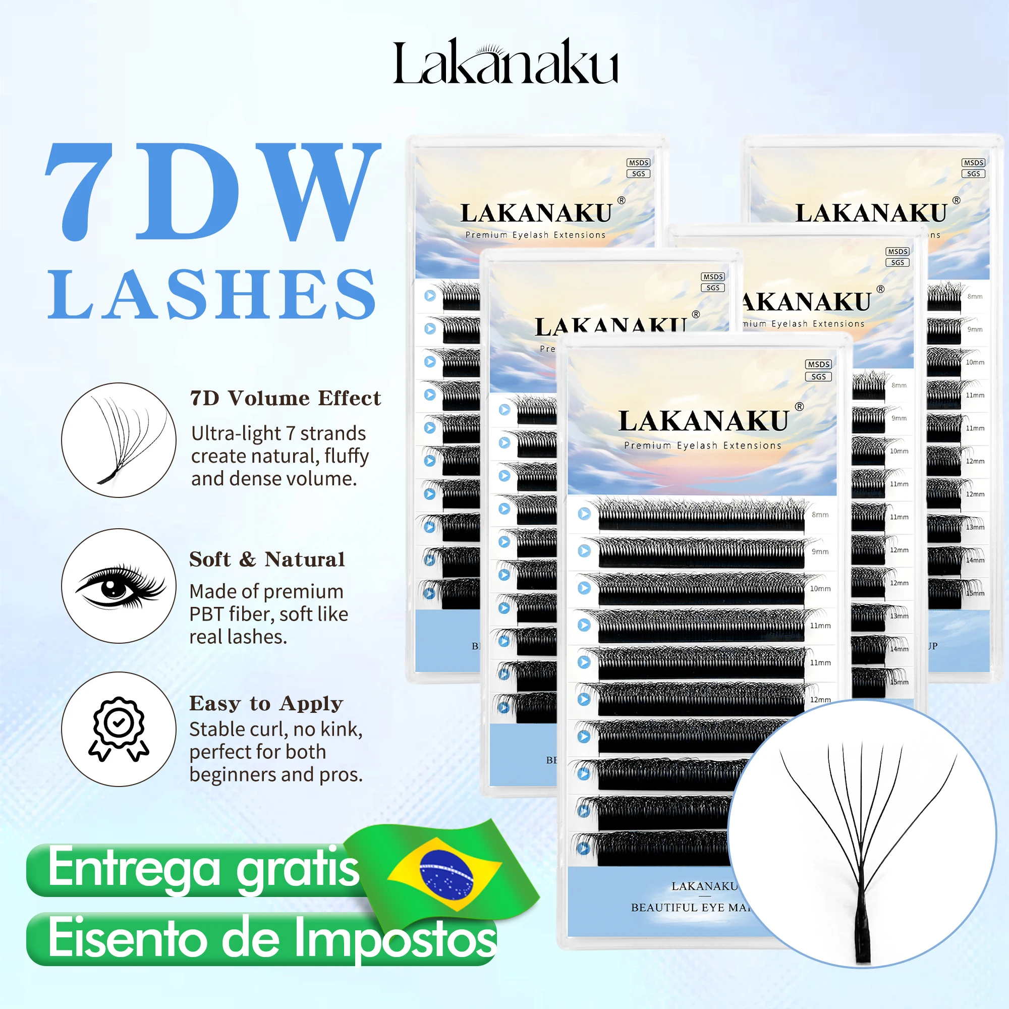 LAKANAKU 8 trays 7D W Shape Eyelash Extensions Premade Volume Fan Natural Soft Light Lashes Dense Seven Leaves Clover Eyelash