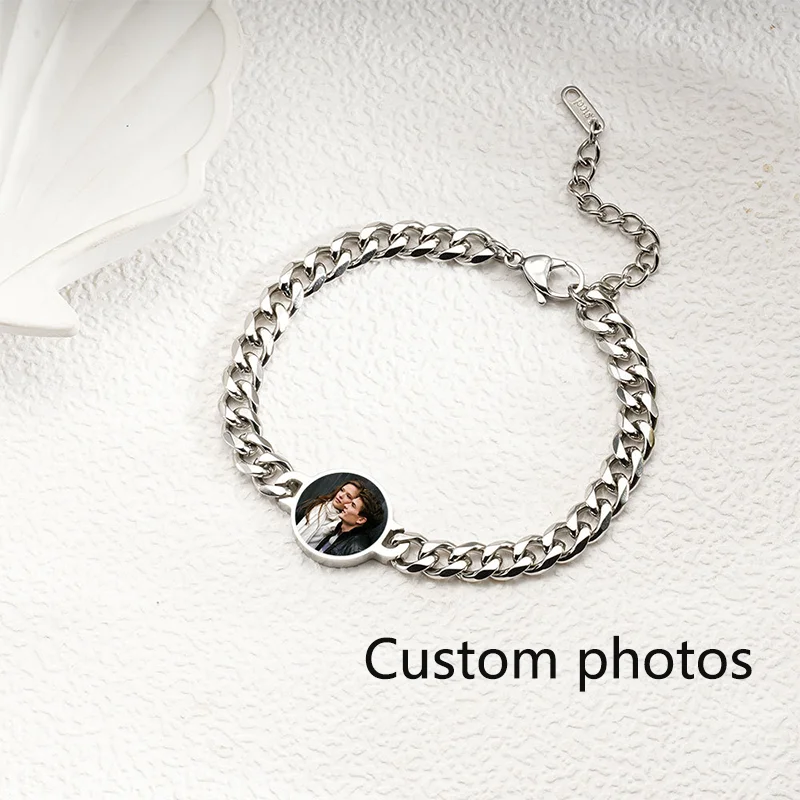 

Personalized photo bracelet Cuban chain men's bracelet Thermosensitive bracelet Customized round photo Men's gift Father's Day
