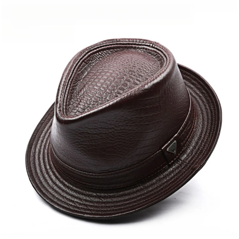 Men's Cowhide Leather Fedora Hat - Versatile Curved Brim Embossed Pattern Daily Wear Autumn/Winter Cap Size 55-61cm