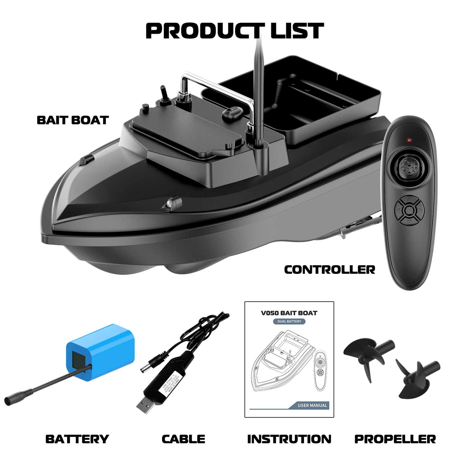 V050 Remote Control Fishing Bait Boat Fishing Feeder Fish Finder Device 500m Remote Range Dual Motor Fish Finder with NightLight