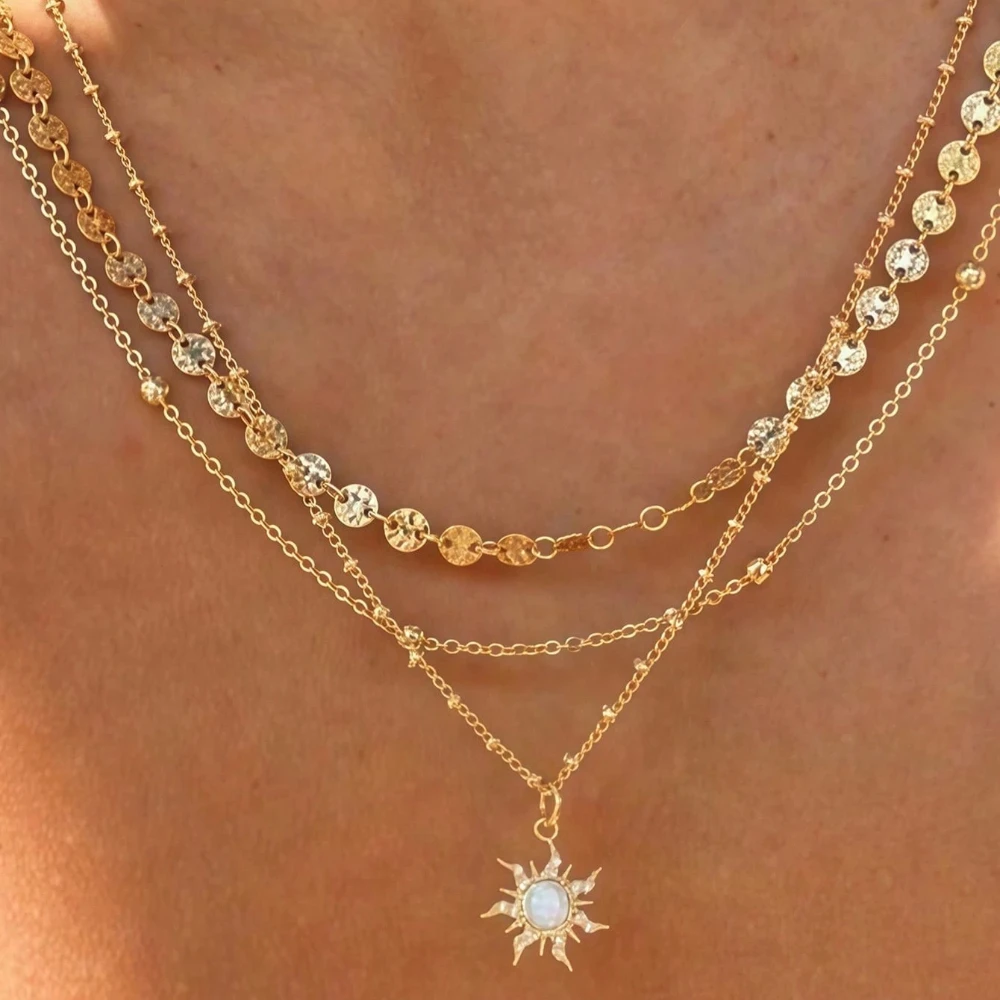 3pcs Exquisite Sun Pendant Necklace Set for Women Includes Disc and Bead Chain Multi-Layer Wearable Female Daily Fashion Jewelry