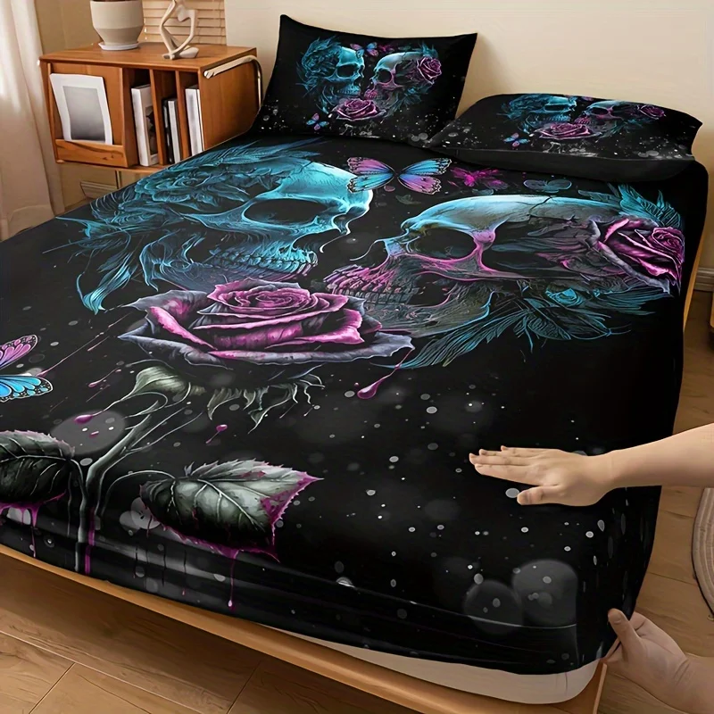3Pcs Skull Rose Butterfly Floral Bedding Set (1 Fitted Sheet + 2 Pillowcases, Pillow Inserts Not Included), High-Definition Print for Home and Dormitory Use