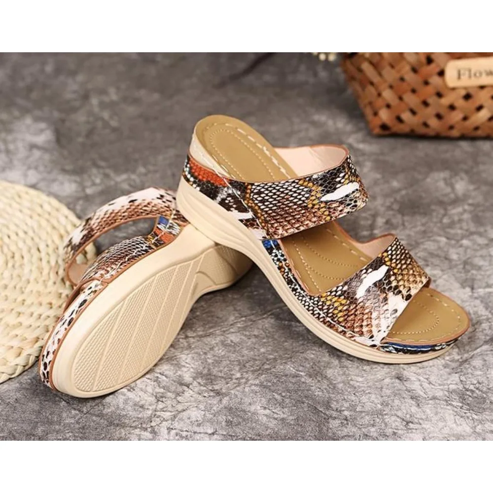 Sandal terbuka wanita, Kasut Wedges luar ruangan nyaman Flip Flop Serpentine Platform mulut ikan ortopedi