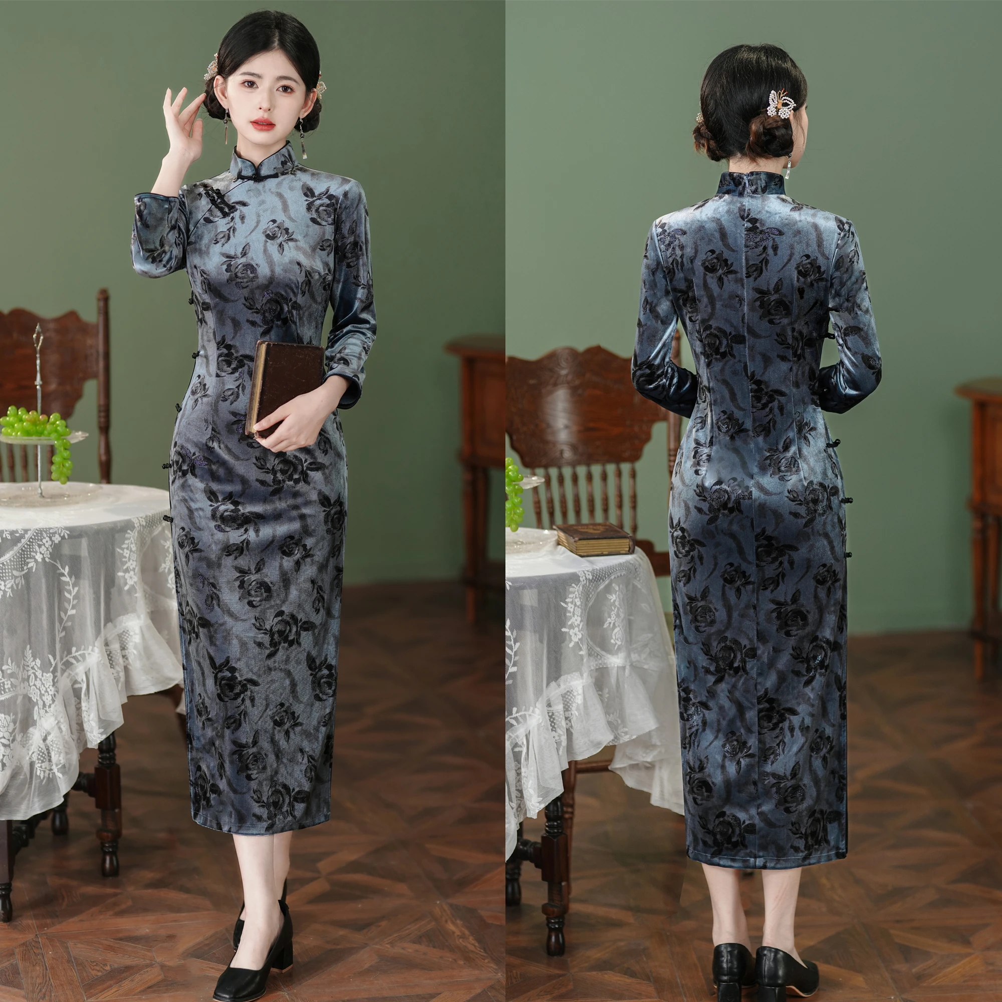 

2024 Vintage Floral Chinese Winter Qipao Cheongsam Dress Velour Warm Oriental Lady Evening Dress Female Qi Pao 23633