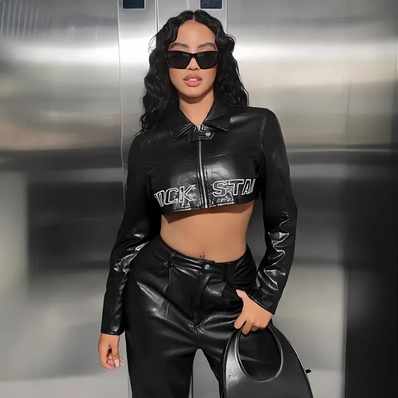 Women's Autumn/Winter Top Coat Imitation Leather Lapel Zipper Patchwork Solid Color Retro Casual Design Fashion Niche Versatile