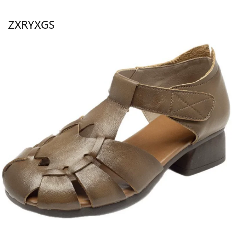 ZXRYXGS Promotion Genuine Leather Roman Sandals 2026 New Summer Round Toe Hollow Breathable Mid Heel Sandals Women Sandal Shoes