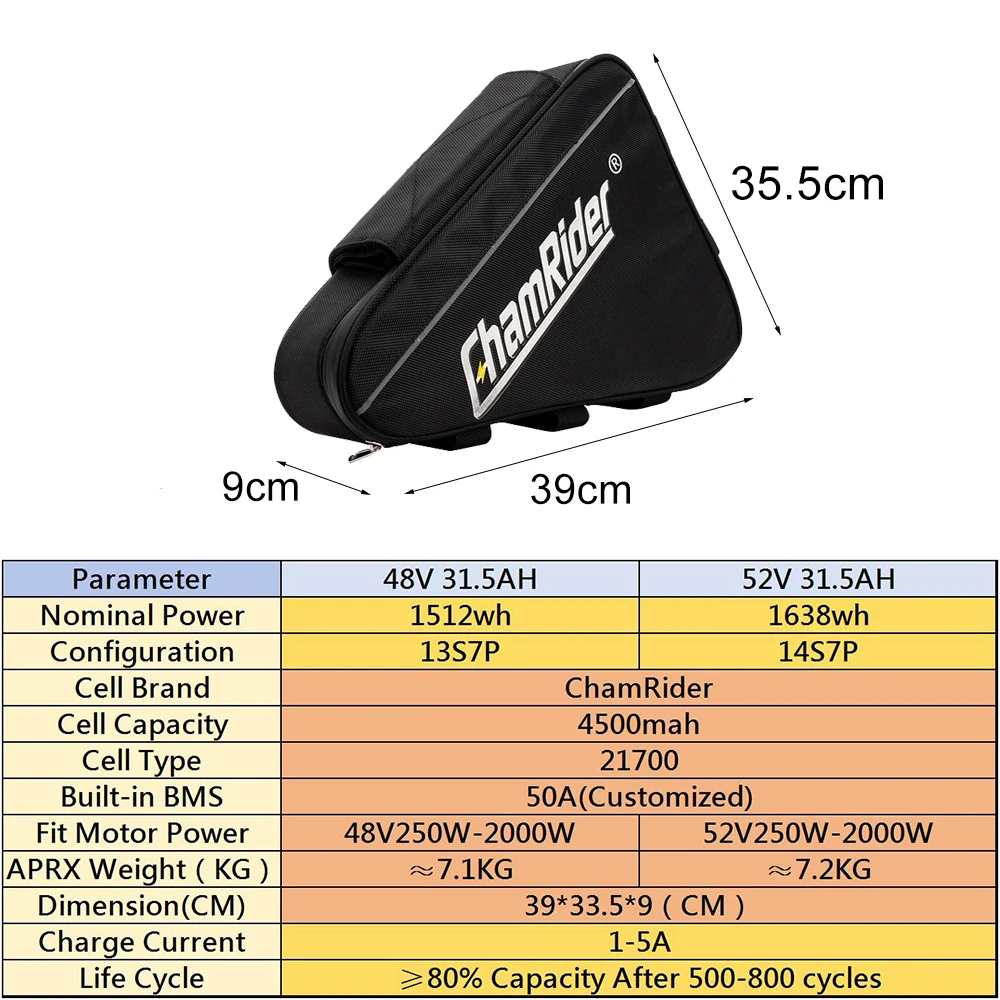 Rower elektryczny Trójkąt 48V 45AH Akumulator 52V 21700 Cell ChamRider 72V 60V 30AH 50A BMS Ogromna pojemność 1000W Super mocny 18650