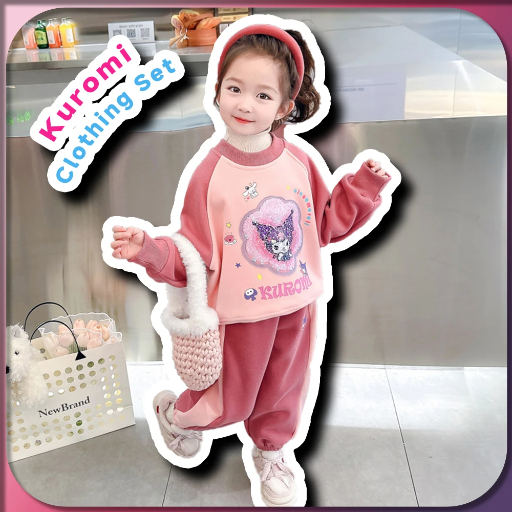 Kawaii Kuromi Kids Thicken Pullover Two-piece Set Sanrio Girl Clothes Cinnamoroll Winter Warm Long-sleeves Top with Sweatpants