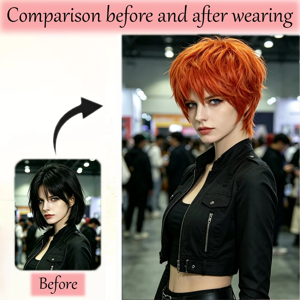 Handsome Korean gril Boys' Orange Short Anime Wig Synthetic Fiber Wig Slightly Cover Fluffy for Men Halloween Christmas Party