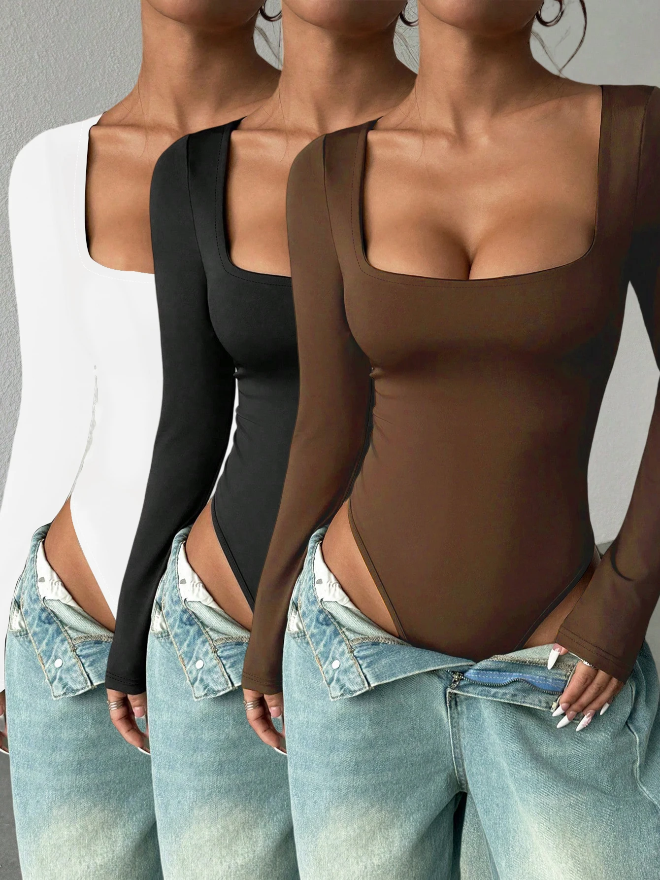 

Новая модная женская однотонная футболка с квадратным вырезом и длинными рукавами, повседневный облегающий боди, комплект из трех предметов