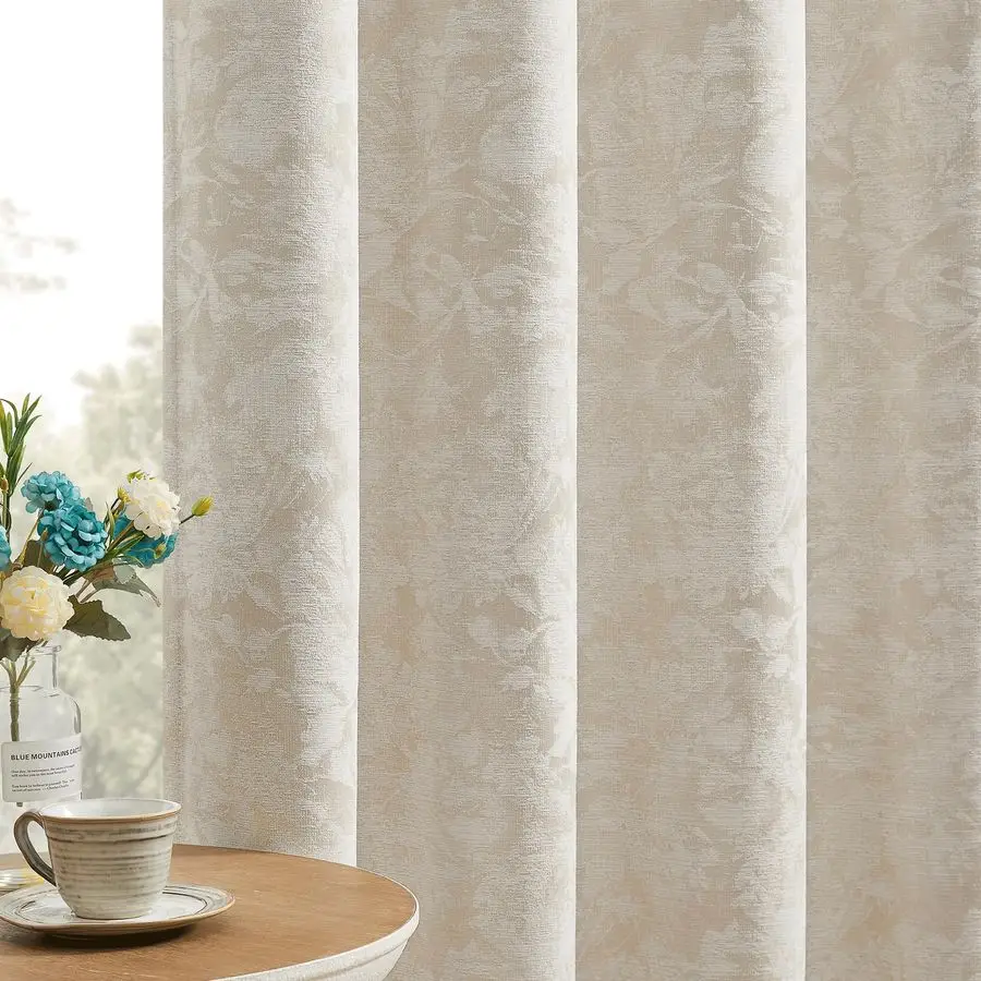 

Beige Floral Jacquard Blackout Curtains 84 Inches Long 2 Panels for Bedroom Living Room Flower Chenille Room Darkening Thermal I