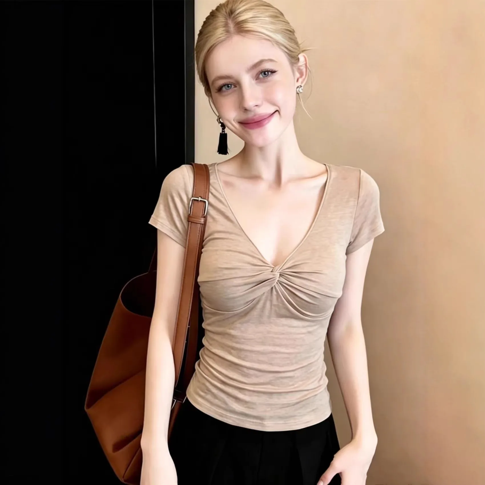 

2026 New Summer V Neck Pleated Pure Desire Short Sleeve T Shirt For Women Slim Fit Bodycon Sexy Stylish Tops With Regular Design