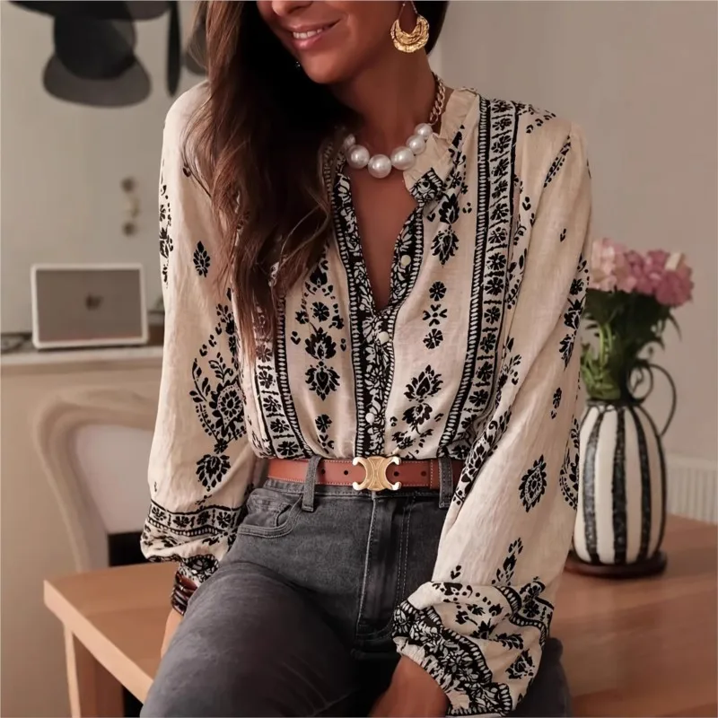 

Casual Retro Printed Shirt 2025 Autumn Lace Round Neck Long Sleeve Cardigan Shirt Loose Button-up Material Floral Collar Shirt