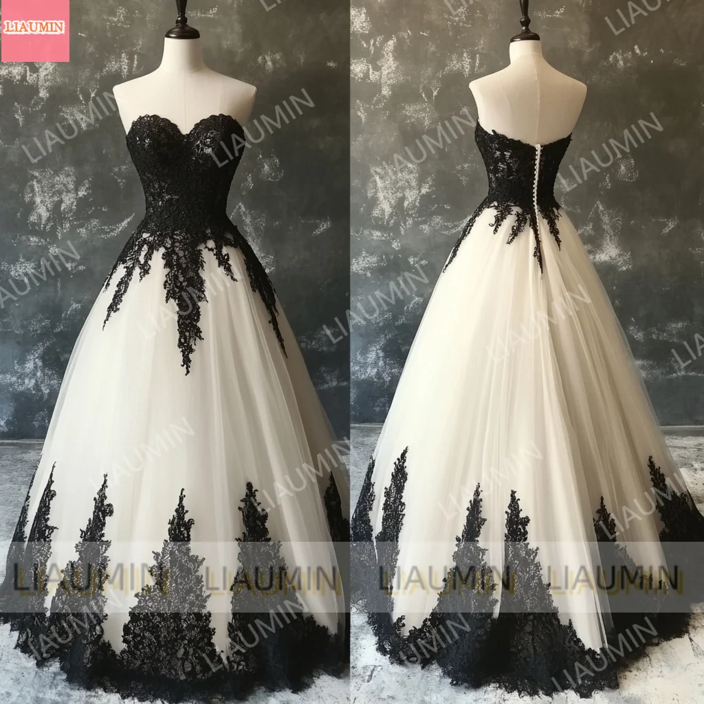 Nieuwe Witte Tule Zwart Kant Applique Baljurk Lace Up Volledige Lengte Avond Formele Prinses Galajurken Aangepaste W18-3