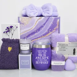 9pcs Birthday Gifts for Women Purple Gifts Basket Mothers Day Spa Gifts Ideas Spa Relaxing Gifts Basket for Wife Mom Sister