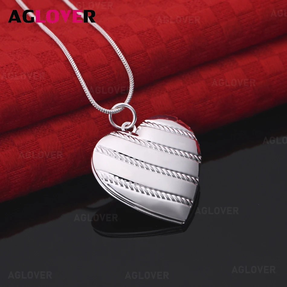 

AGLOVER 925 Sterling Silver Flower Carved Striped Heart Box Pendant Necklace Unique Gift Versatile Party Jewelry